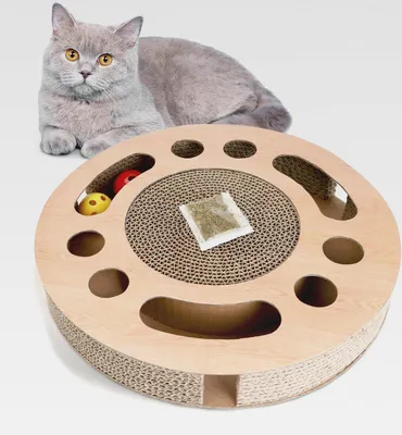 Produktbild von Katzen kratzbrett mit Minze，Katzenspielzeug Interaktives mit 2 Klingelballs，3 in 1 Wellpappe Kratzmatte Katze
