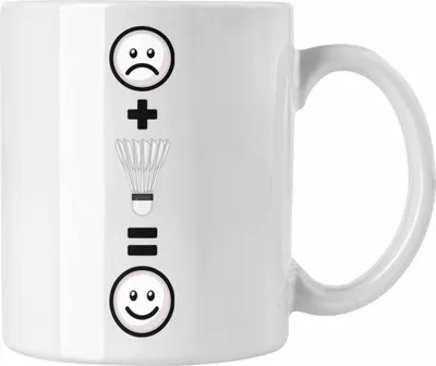 Produktbild von Trendation - Badminton Tasse Geschenk für Badminton-Spieler Trainer Lustige Geschenkidee :( + Badminton = :) Geburtstag (Weiß)