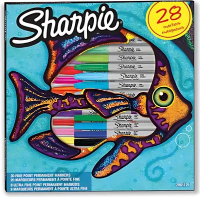 Image de Set de marqueurs permanents Sharpie "Fish", 20 pointes fines + 8 pointes ultrafines, couleurs assorties, 28 pièces