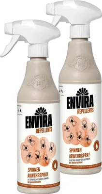 Two bottles of spider repellent spray are shown side-by-side against a white background.