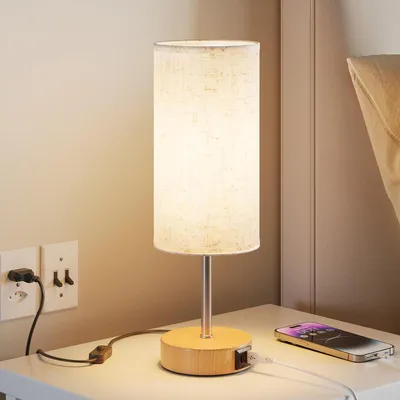 Immagine prodotto di Lampada da comodino con USB - Lampada notturna touch - Funzione di ricarica per dispositivi - 3 livelli di intensità luminosa - Altezza 345 cm - Colore legno