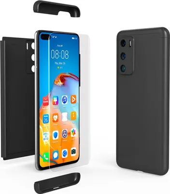 Produktbild von NALIA 360 Grad Handy Hülle für Huawei P40, Full Cover & Glas Case Rundum Bumper Schwarz