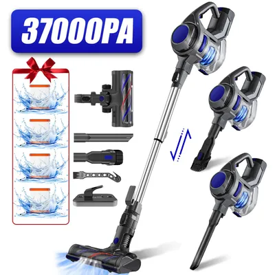 A collage of a cordless vacuum cleaner and its accessories, with promotional text and graphics.
