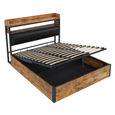 Produktbild von Flieks Jugendbett 180x200cm mit USB, Doppelbett Metallbett mit Stauraum, Hydraulisches Metallbett Klassisches Bett Stauraumbett, Schwarz