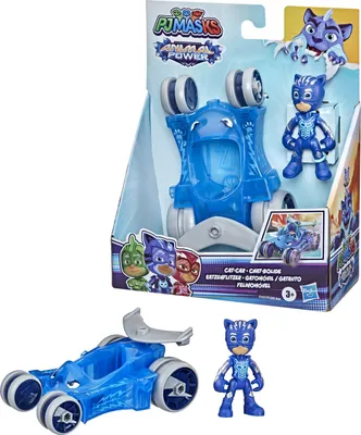 A toy PJ Masks Cat-Car with a figure in its packaging, and also displayed outside of the packaging.