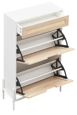 Zdjęcie produktu dla Szafka na buty z rattanu – szafka/półka na buty – 2 drzwi uchylne – 2 szuflady – regulowana półka – wąska, do przedpokoju – wolnostojąca – biała