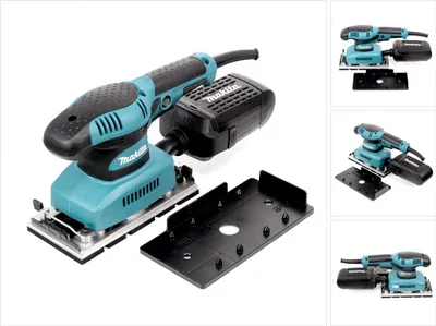 A collage of images showing a Makita sander and its accessories.