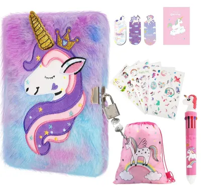 Image de Journal intime pour filles, avec cadenas et clé, ensemble de 13 carnets en peluche sur le thème des licornes, format A5, 160 pages