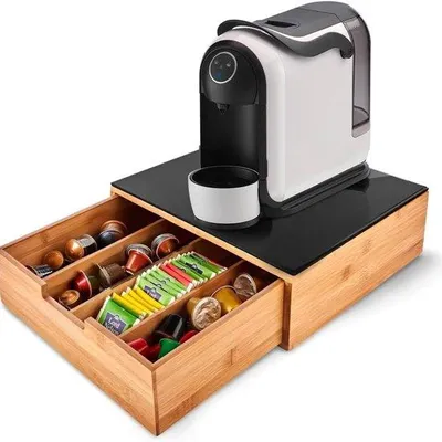 Produktbild von Famanu Halter aus Bambus mit 1 Schublade - multifunktional - zur Organisation von Kaffeekapseln, Waffeln, Kräutertee, Zucker und Kaffeetassen