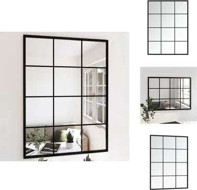 A collage of images showing a black metal-framed wall mirror with multiple panes, displayed in different settings and orientations.