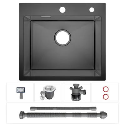 Produktbild von CECIPA MAX Granit-Küchenspüle Schwarz 50×45cm, eckige Einbauspüle aus Granitverbund, mit 2 Hahnlöchern & 1 Becken, modernes Design