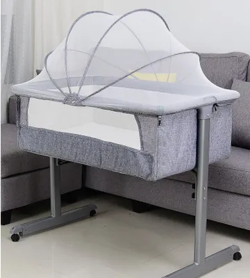 Produktbild von Babybett Babywiege Wickeltisch Wickelkommode Kombination Stubenwagen mit Moskitonetz Grau