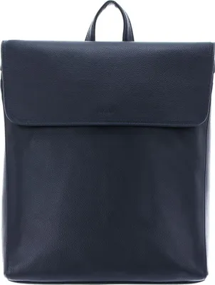 A dark blue leather backpack is shown from the front against a white background.