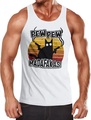 Produktbild von Herren Tanktop Pew Pew Madafakas Katze Western Cat Meme Fun-Shirt Spruch Achselshirt Moonworks® weiß L
