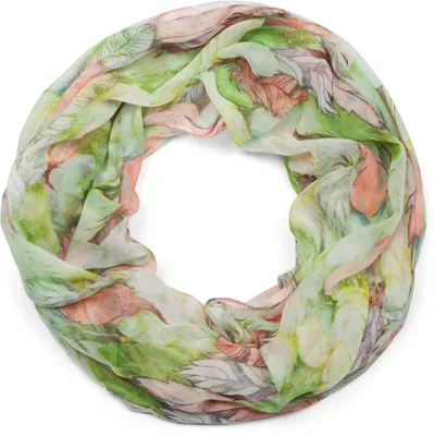 Produktbild von styleBREAKER Damen Loop Schal mit buntem Feder Muster, leichter sommerlicher Boho Schlauchschal mehrfarbig 01016239