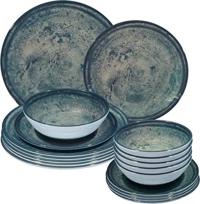 Imagen del producto de Juego de vajilla de melamina, diseño "Mondgranit", color azul-gris, para 6 personas, ideal para camping y picnics