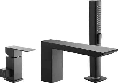 A black bathroom faucet set with a handheld showerhead against a white background.