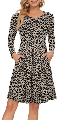 Produktbild von AUSELILY Langarm Rundhals Plissee Knielanges Kleid Taschen Leopard L