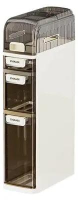 Immagine prodotto di Mobile da bagno stretto - Mobile a terra - 4 ripiani - Con portarotolo - Con rotelle - Plastica PP - Grigio chiaro