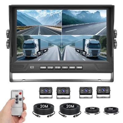 Imagen del producto de Kit de cámara de visión trasera con pantalla de 9 pulgadas, compuesto por 4 cámaras de 1080p y lentes gran angular
