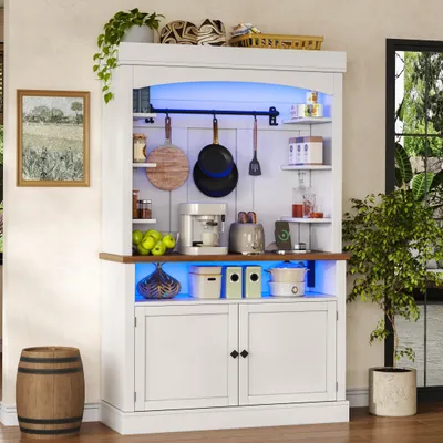 Produktbild von okwish Küche Hochschränke mit Steckdose und LED, Küchenschrank mit Haken und offener Stauraum, für Küche oder Esszimmer,Weiß