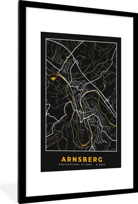 Produktbild von MuchoWow® Gerahmtes Poster Arnsberg - Stadtplan - Gold - Karte - Deutschland 60x90 cm - Poster mit Schwarzem Bilderrahmen Wandposter Rahmen Foto Bilder - Dekoration - Wandposter Wohnzimmer - Hochwertig