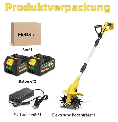 Image de Fraise rotative électrique sans fil pour le sol - Cultivateur de jardin 18V - 1600W - 1000 tr/min - Profondeur de travail de 16 cm / Largeur de 22 cm - 2 batteries de 3,0 Ah incluses