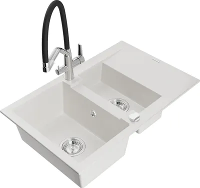 Produktbild von Mexen Gaspar 1,5-Becken-Granitspüle mit Abtropffläche und Mischbatterie Duo, Weiß - 6507-20-671701-07