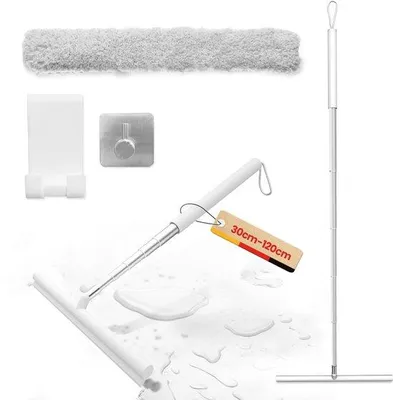 Produktbild von Unyqoos® Teleskop-Dusch- und Fensterabzieher, ausziehbar bis 120 cm, Aluminiumstiel mit Silikonlippe, Aufhängehaken – streifenfreie Reinigung