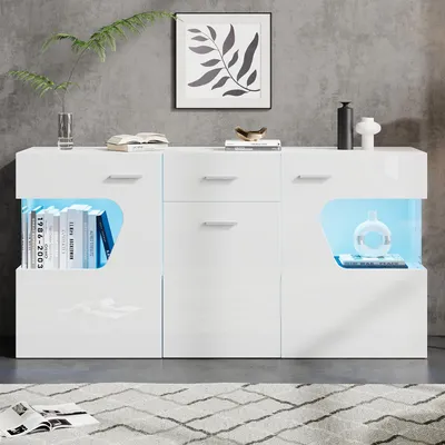 Produktbild von Merax Hochglanz Sideboard mit 3 Türen und 8 Staufächer, Kommode mit LED-Beleuchtung, Wohnzimmerschrank mit Sicherheitsglas, Aufbewahrungsschrank, Weiß