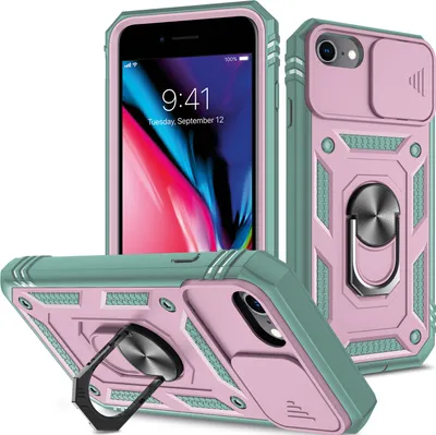 Produktbild von iPhone 8 Plus Hülle, Schiebe Kamera Schutz Robust Stoßfest Schutzhülle mit Ringhalterung Ständer Kartenhalter für iPhone 8 Plus / 7 Plus / 6s Plus / 6 Plus Pink