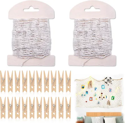 Imagen del producto de Juego de dos redes de pesca decorativas, de 100 x 13 cm, con 20 clips, para decoración de paredes