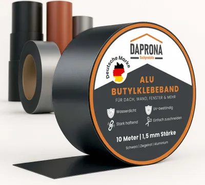 Produktbild von DAPRONA Butylband, Panzertape 10m x 50mm, Schwarz Dichtungsband Alu, Reparaturband, Dichtband Fenster Dachrinne, wasserfest, hitzebeständig