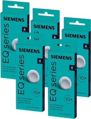 A collage of Siemens EQ series cleaning tablets packaging.