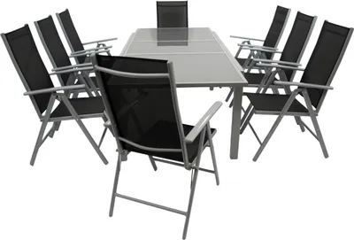 Produktbild von TPFGarden GARTEN-GARNITUR Ashford - 9-teilige Garten-Essgruppe (8x Klappsessel mit Aluminiumgestell grau, Bespannung Textilene schwarz, 1x Ausziehtisch 180/240x100cm, Aluminium + Glas). BxTxH: 180,0 - 240,0x232x107 cm