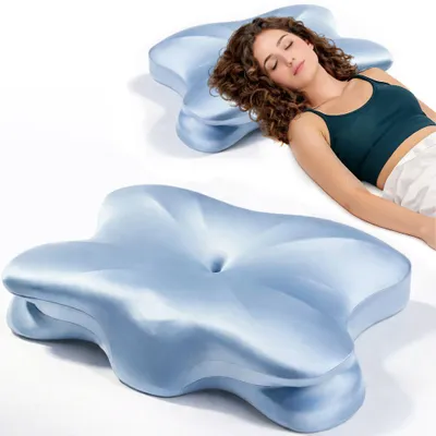 Produktbild von Ergonomisches orthopädisches Schmetterlingskissen von Linomag®, Memory-Schaum, abnehmbare Satinbezug mit Reißverschluss, Unterstützung für Kopf, Hals und Schultern, Haut- und haarschonend, Anti-Falten, 58x37x10 cm, Hellblau