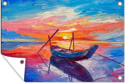 Produktbild von MuchoWow® 90x60 cm Outdoor-Poster Gartendeko Sichtschutz Garten Poster für den Garten  Malerei - Boot - Ölfarbe - Wasser
