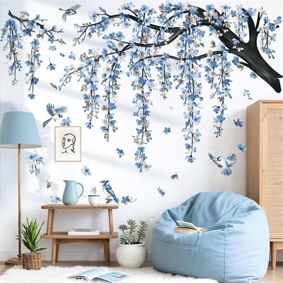 Productafbeelding van Muursticker Bloesemtak - Grote Wandsticker - Aquarel Bloemen - Zelfklevend - Blauw