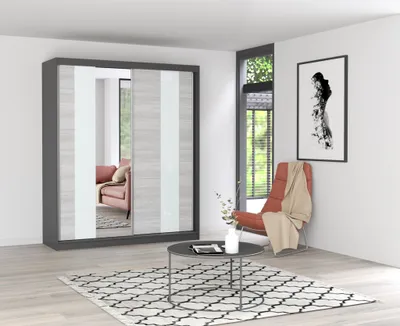 Produktbild von Easy4You M32 Grau/Kathult Schiebetürenschrank Kleiderschrank 183x218x61 cm mit Spiegel - Schlafzimmermöbel, Aufbewahrung – Mehrzweckschrank mit Kleiderstange