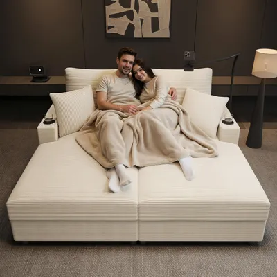 A couple is relaxing on a sofa, covered by a blanket.