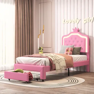 Produktbild von Polsterbett 90x200cm, Kinderbett mit Schubladen, Jugendbett mit Lattenrost, Einzelbett Holzbet mit LED, PU, Rosa