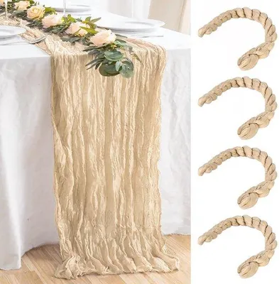 Image de Nappe beige, lot de 4, 90 x 400 cm, tissu en lin, décoration de table pour mariage, style bohème