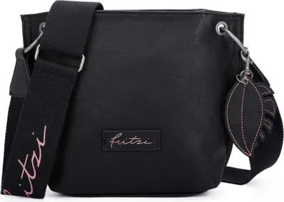 A black shoulder bag with a leaf charm and a branded strap.