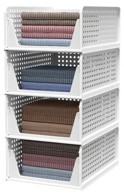 Immagine prodotto di Set di 4 contenitori per armadio - Scatole per l'organizzazione dei vestiti - Pieghevoli - Impilabili - Sistema a cassetti - Plastica - Bianco