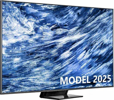 A television screen displaying a dynamic image of water with text overlay.