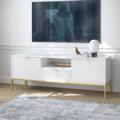 Produktbild von TV Lowboard Kioto 154 cm Weiß & Gold – Rillenfront, Goldene Griffe, 1 Schublade, Elegant