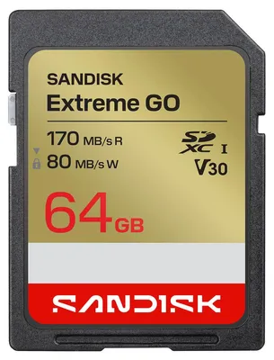 Zdjęcie produktu dla SanDisk Extreme GO, 64 GB, SDXC, UHS-I, 170 MB/s, 80 MB/s, Class 3 (U3)
