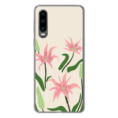 Produktbild von MuchoWow® Handyhülle Schutzhülle Hülle für Huawei P30 Blume - Rosa - Blätter Silikon Softcase Handy Hülle - Kartenbesitzer