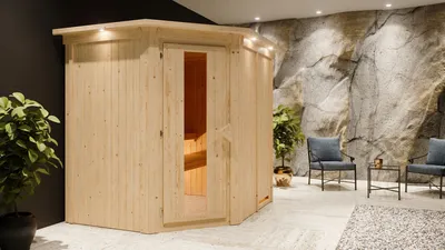 Produktbild von Karibu Sauna Innensauna Siirin Eckeinstieg Ofen 9 KW externe Strg easy 210x184x202 cm mit Dachkranz mit Energiespartür