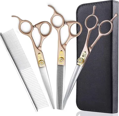 Imagen del producto de Tijeras profesionales para peluquería canina, juego de 440C de acero inoxidable japonés, con tijeras rectas, curvas y de adelgazado (tasa de adelgazado del 15%-25%). Juego de tijeras para peluquería canina de 7 pulgadas (juego 01)